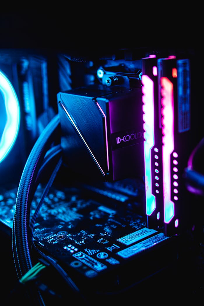 Close-up of RGB-lit PC components showcasing vibrant blue and pink hues in a dark setup.